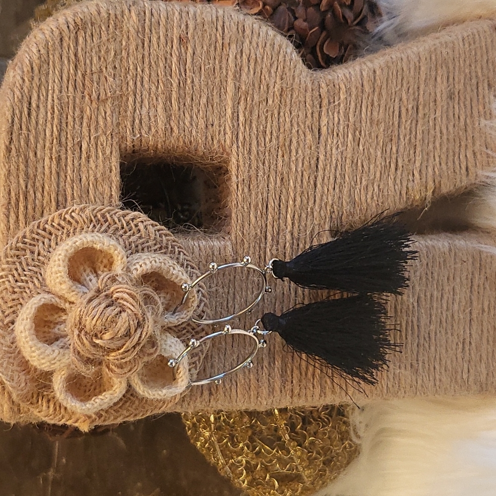 Silver hoop with black tassel earrings from CATO